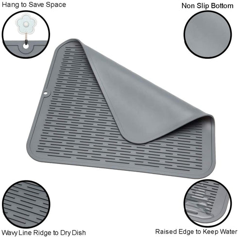 ZLR Dish Drying Mat, Multiple Usage Silicone Dish Drying Mat, Easy to Clean Drying Mat for Kitchen Counter, Grey, 16 inches x 18 inches, XL