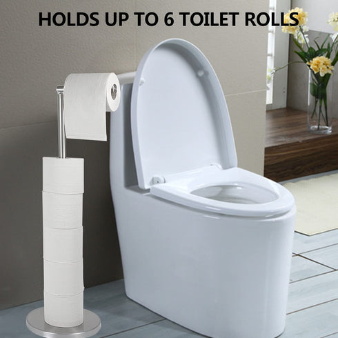 YCWIN Freestanding Toilet Paper Holder Stand with Storage for 6 Rolls of Toilet Tissue for Bathroom, Modern Toilet Paper Roll Holder Stand, Rustproof Stainless Steel Finish, Weighted Pedestal, Silver