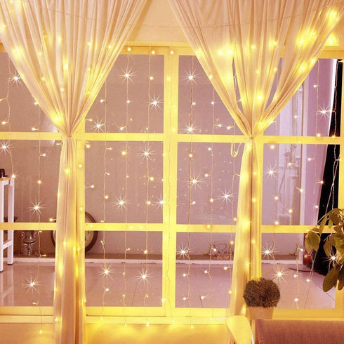 Ollny Curtain Lights LED Curtain Fairy Lights Outdoor, 6.6FT 8 Lighting Modes Window Wall Hanging String Lights Warm White with USB and Remote for Christmas Indoor Bedroom Wedding Party Easter Garden