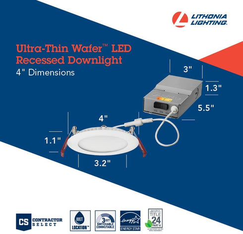 Lithonia Lighting WF4 30K40K50K 90CRI MW M6 LED Color Temperature Selectable Ultra Thin Recessed Downlight, 3000K 4000K 5000K, White