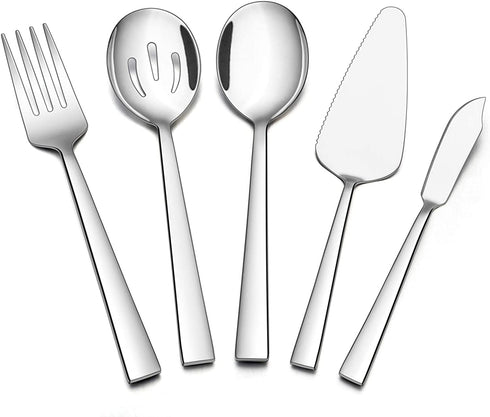 5-Piece Serving Utensils, E-far Stainless Steel Square Edge Hostess Serving Set for Buffet Party Kitchen Restaurant, Mirror Finished & Dishwasher Safe