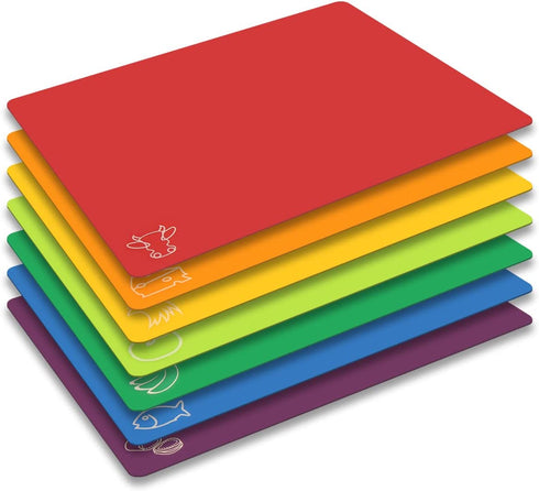 Cutting Board Mats Flexible Plastic Colored Mats With Food Icons, Fotouzy BPA-Free, Non-Porous, Anti-skid back and Dishwasher Safe, Set of 7