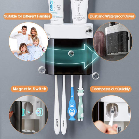 QQJ Wall-Mounted Toothbrush Holder-Electric Toothbrush Holder with Two Toothpaste squeezers and Toothbrush Storage Box. Automatic Toothpaste Dispenser with dust Cover, Suitable for Bathroom (White)