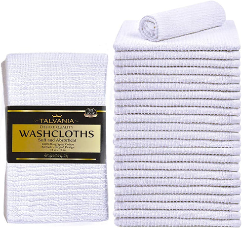 Talvania White Washcloths 24 Pack - Cotton Ribbed Wash Cloth - Super Absorbent Terry Towels - Ideal for Face Body Scrub Gym Spa Home Kitchen Cleaning Cloth - 12 X 12 Wash Cloths