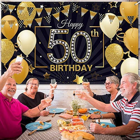 Happy 50th Birthday Backdrop Large Fabric Black Gold 50th Anniversary Birthday Sign Banner Photo Booth Photography Background with Rope for Men Women 50th Birthday Party Decorations, 72.8 x 43.3 Inch