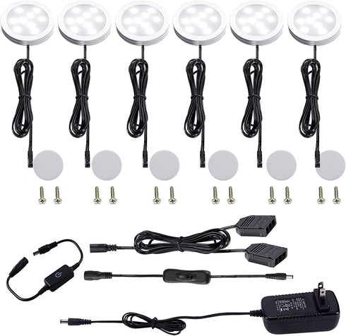 AIBOO Under Cabinet LED Puck Lights Kit with Touching Switch Dimmable for Kitchen Cupboard Closet Lighting (6 Lights,Daylight White)