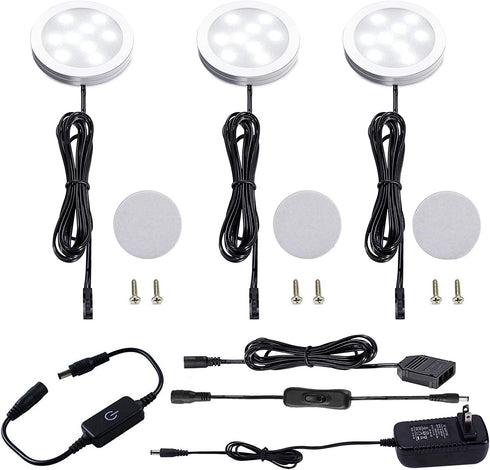 AIBOO Under Cabinet LED Puck Lighting Kit Black Cord with Touch Dimmer Switch for Kitchen Showcase Cupboard Closet Lighting 3 Lights 6W (Daylight White)