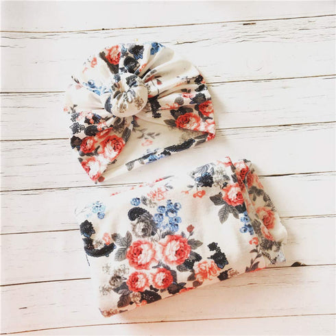 KESYOO 1 Pack Baby Swaddle Blanket with Newborn Beanie Hat Cotton Floral Receiving Blanket Wrap Bow Headband for Boy Girl