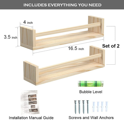 Classic Nursery Shelves, Set of 2 Natural Wood Floating Book Shelves for Kids Room, Wall Shelves for Bathroom Decor, Kitchen Spice Rack, Book Shelf Organizer for Baby Nursery Décor (16.5Lx4W)