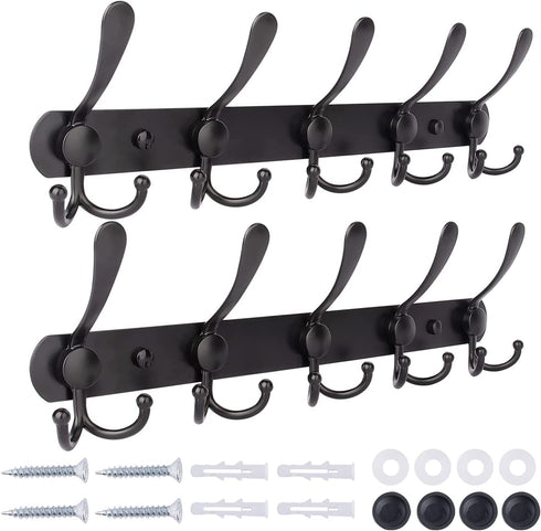 Qihtldsy Coat Rack Wall Mount, Stainless Steel Coat Hooks, 5 Tri Hooks, Heavy Duty Hook Rail for Coat Hat Towel Bag Purse Robes Bedroom Kitchen Bathroom Entryway (Black, 2 Packs)