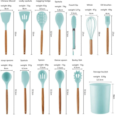 Crosea 12Pcs Silicone Cooking Kitchen Utensils Set with Holder,Wooden Handles Cooking Tool,BPA Free,Non Toxic Turner Tongs Spatula Spoon Kitchen Gadgets Set for Nonstick Cookware (Green)