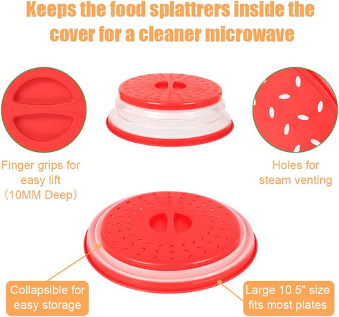 Emoly Collapsible Microwave Cover, Easy Grip Food Splatter Cover Colander Strainer Splatter for Fruit Vegetables, Bap Free and Non-Toxic - Red