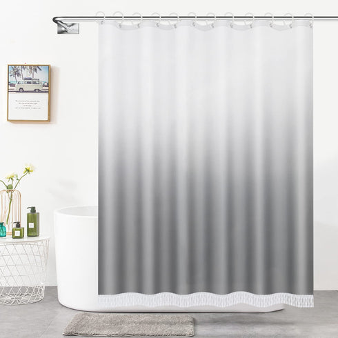 Ombre Shower Curtain with Tassels, Fabric Grey Shower Curtain Set with Hooks, FLYMALL Waterproof Machine Washable Gradient White and Gray Bathroom Curtains 72 x 72 Inch (Ombre Grey)