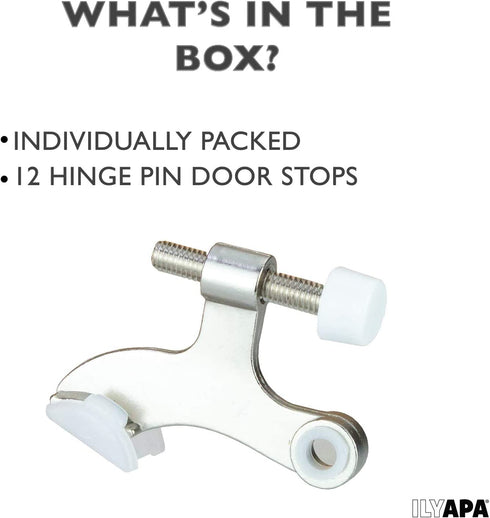 Ilyapa 12 Pack Hinge Pin Satin Nickel Door Stops -Heavy Duty Adjustable Door Stopper 2-1/2" x 1-3/4,with White Rubber Bumper Tips