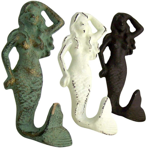Rustic White, Brown and Teal Cast Iron Mermaid Wall Hooks, Set of 3, 5 3/4 Inch