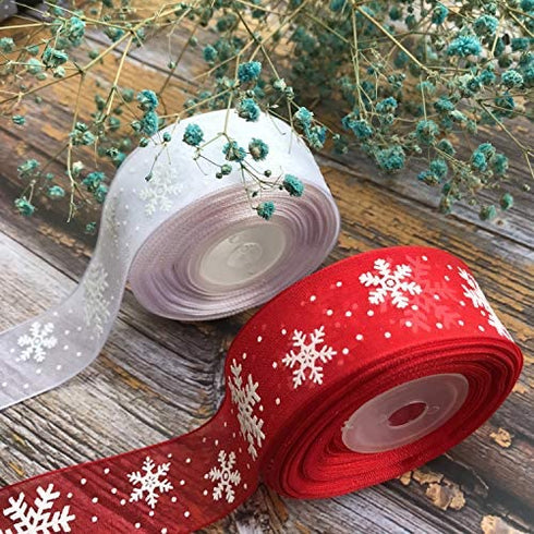 2 Rolls Christmas Ribbons, 1 Inch by 10 Yard Snowflake Organza Spool for Christmas Tree Gifts Box Decoration