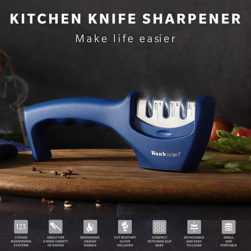 Wanbasion Blue Kitchen Knife Sharpener Professional 3 Stages, Kitchen Knife Sharpener Manual Sharpening, Knife Sharpener for Kitchen Knives with Stainless Steel Ceramic Diamond Blade