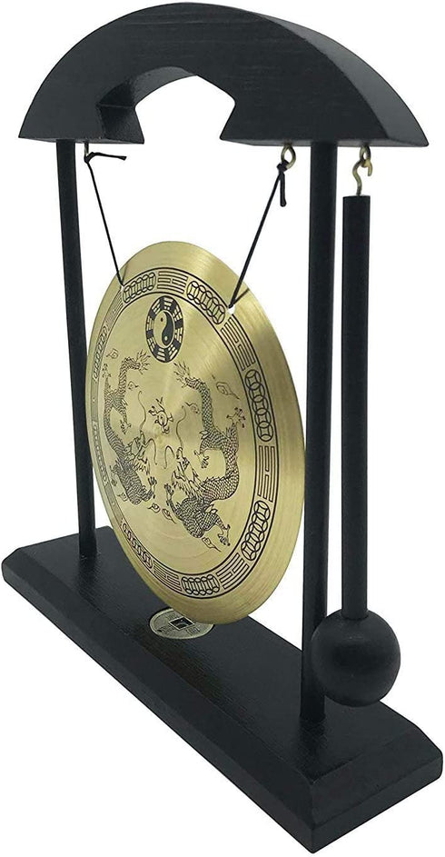 Mose Cafolo Zen Art Brass Feng Shui Desktop Table Gong, Dragon with Taiji Symbols, Makes Clear Sound, Collectible Figurines