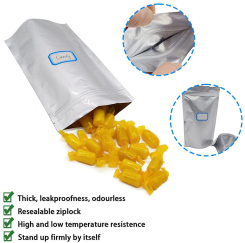 100pcs Mylar Resealable Bags for Food Storage with Stickers, Sealable Smell Proof Zip Pouch Bag, Edible Packaging with Double Side Aluminum Foil, 2.6quarts, 1.1quarts, 0.5quarts