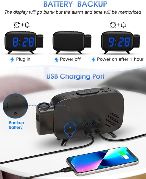 Digital Alarm Clock, AKKIGL Alarm Clocks for Bedrooms with FM Radio and USB Charger, Projection Alarm Clock with Dual Alarms, 7 Sounds, Snooze, Dimmable Large LED Display Clock for Kids Teens Adults