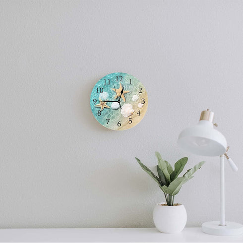 ATEDEANEI Bathroom Wall Clock, Small Silent Battery Operated Teal Decor for Living Room,Kitchen,Bedroom,10 Inch,Beach Starfish