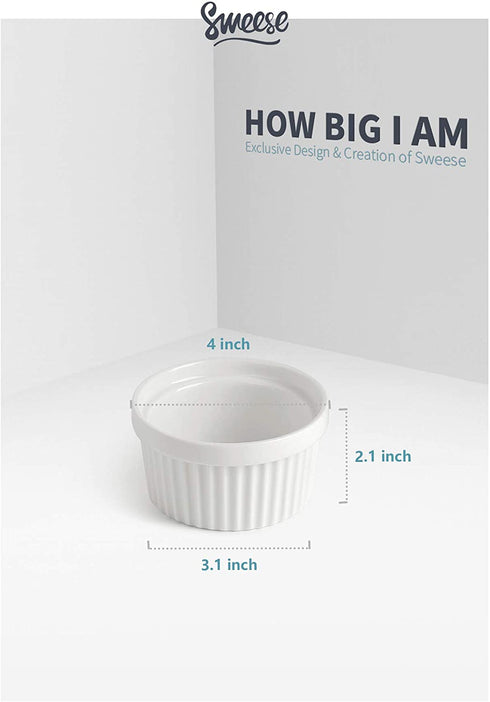 Sweese 501.001 Porcelain Souffle Dishes, Ramekins - 8 Ounce for Souffle, Creme Brulee and Ice Cream - Set of 6, White