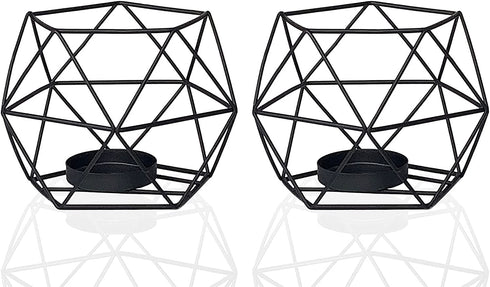 MAINFOR Geometric Tealight Candle Holder Decor for Table Centerpiece, Candle Holder for Pillar Candles Stand Candlestick Holder, Set of 2 Black Metal Wrought Iron Wire Tea Light Candle Sticks Holder