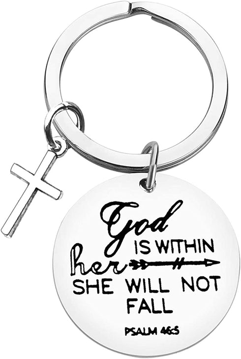 Christian Keychain Religious Verse Gift Prayer Charm Keychain Faith Religious Jewelry for Women Girls God Is Within Her She Will Not Fall Keychain Gift for Birthday Christmas