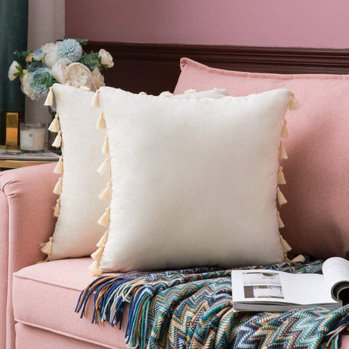 MIULEE Pack of 2 Velvet Soft Solid Decorative Throw Pillow Cover with Tassels Fringe Boho Accent Cushion Case for Couch Sofa Bed 20 x 20 Inch Cream White