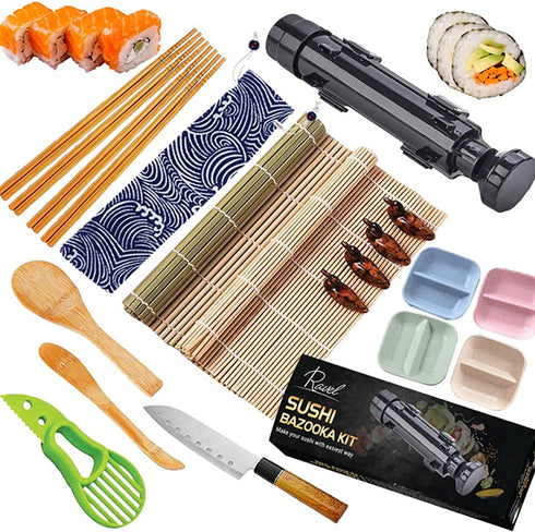 Sushi Making Kit - Bamboo Sushi Mat, All In One Sushi Bazooka Maker with Bamboo Mats, Paddle, Spreader, Sushi Knife, Chopsticks Holder, Cotton Bag with BONUS chopsticks set and 4 PLATES¦
