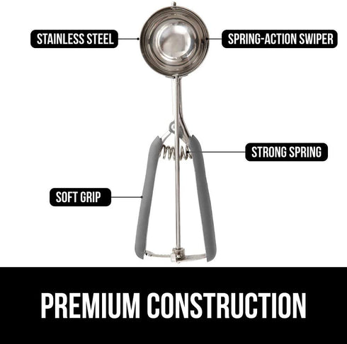 Gorilla Grip Premium Stainless Steel, Spring-Loaded Scoop for Fruit, Cookie and Ice Cream, Easy Squeeze and Clean Release, Comfortable Handle, Medium, 2 TBSP Scooper Size 30, Uniform Portions, Gray