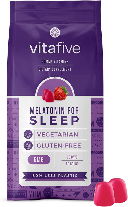 Vitafive Extra Strength Melatonin Gummies 5mg for Adults- Gummy Vitamins - Eco Friendly, Natural Strawberry Flavor, Vegetarian, Gluten Free, Allergen Free, Kosher, Halal - 60 Count