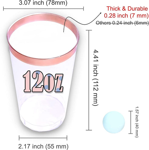 KOPHADOT 12oz Double Rose Gold Rim Plastic Cups 50 packs with 2 Party Pong Balls, Disposable and Reusable Elegant Rose GoldCup Clear Party Drinking Cups for Weddings, Bachelorette Parties, Christmas