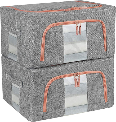 TOUCH-RICH Storage Bins Foldable with Window & Carry Handles Linen Fabric Collapsible Storage Boxes Organizer Set Stackable Containers for Home Bedroom Office Closet Nursery (Gray)