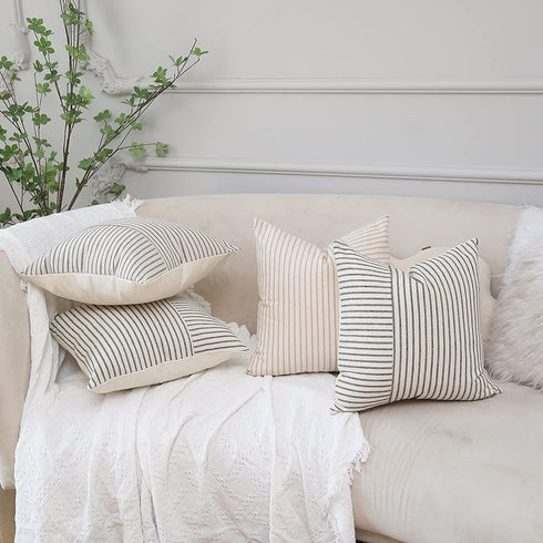 Hckot Khaki and Beige Patchwork Farmhouse Throw Pillow Covers 20 x 20 Inch, Pack of 2 Striped Linen Decorative Pillow Case for Sofa Couch Chair Bedroom Modern Decor (20" x 20", Khaki)