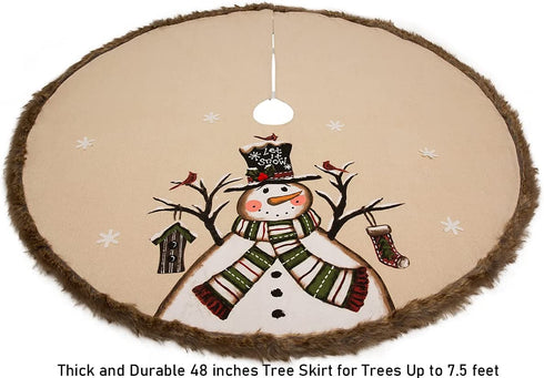 Snowman Tree Skirt 48 Inch with Brown Faux Fur Trim Border for Christmas Tree Decorations, Rustic Farmhouse Xmas Tree Skirt with Unique Hand Paint Snowman and Snowflakes