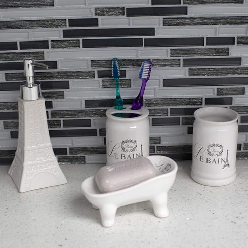 Home Basics, White Le Bain Paris Eiffel Tower 4 Piece Designer Ceramic Bath Accessory Set | Toothbrush Holder, Dispenser, Soap Dish, 1 Tumbler