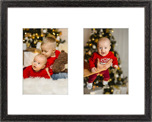 Golden State Art, 11x14 Distressed Black Wood Frame with White Mat - Displays Two 5x7 Photos - Real Glass, Sawtooth Hangers, Swivel Tabs - Wall Mounting, Landscape, Portrait