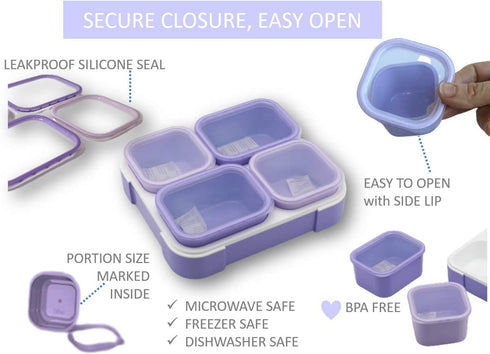 Lunch Containers for Kids Women, Portion Control Set, Bento Lunch Box Snack Containers with Lids, Lunch-Box for Adults Boys Girls, Leak-proof Kit, 4 Cups Purple