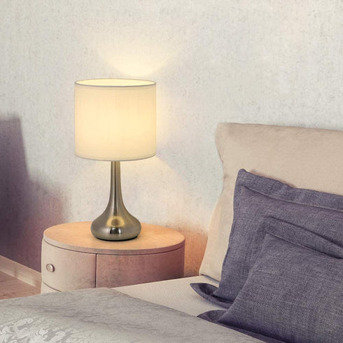 Bedside Table Lamp Modern Table Lamp Nightstand Lamp Small Desk Lighting Sliver Brushed Steel White Cylinder Shade for Living Room Bedroom Family Room Coffee Table