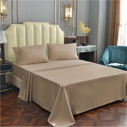 Queen Size Sheet Set Beige 4 Piece Bamboo Bed Sheets Fitted Sheet 15" Deep Pocket Soft Breathable Cooling Sheets for Hot Sleepers Washed Best Luxury Hotel Collection Wrinkle Free Durable Flat Sheet