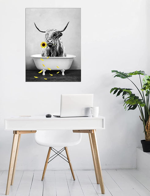 LB Highland Cow Canvas Wall Art Decor Western Wild Animal With Yellow Sunflower Artwork Picture Abstract Painting for Bedroom Living Room Bathroom Office Home Decor Framed Ready to Hang, 12x16 Inches