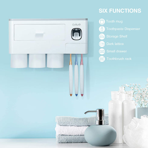 Pretigo Toothbrush Holder Easy Install Large Capacity Storage, with Cosmetic Drawer Organizer and Toothbrush Rack, Integrated with Automatic Toothpaste Dispenser, Space Saving with Magnetic Cup Design