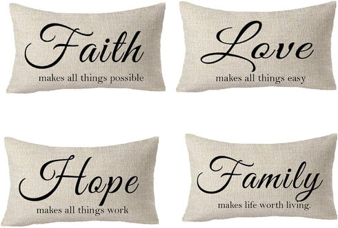 FELENIW Set of 4 Faith Love Hope Family Believe Blessed Living Learning Working Encourage Quote Cotton Linen Decorative Throw Pillow Cover Cushion Case Lumbar 12x20 inches