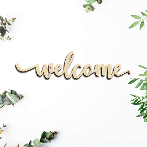 Zhuper Wood Welcome Sign for Wreath Decor Wood Script Home Gallery Wall Sign Wall Art Unfinished Rustic Word Front Door Porch Entryway Decoration DIY Craft 16"x3.8"