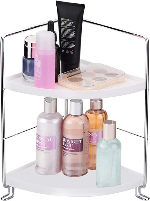 2-Tier Corner Storage Shelf Stackable Organizer for Cosmetics, Bathroom, Kitchen, Countertop, and Vanity, Silver