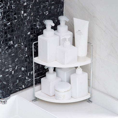 2-Tier Corner Storage Shelf Stackable Organizer for Cosmetics, Bathroom, Kitchen, Countertop, and Vanity, Silver