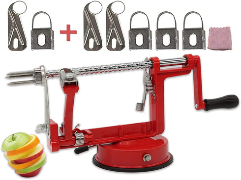 Apple Peeler, Slicer Corer Potato Peelers 3 In 1, Stainless Steel Heavy Duty Suction Cup Base And 5 Extra Blades Included As Well As Cleaning Tool (red)