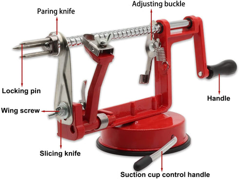 Apple Peeler, Slicer Corer Potato Peelers 3 In 1, Stainless Steel Heavy Duty Suction Cup Base And 5 Extra Blades Included As Well As Cleaning Tool (red)