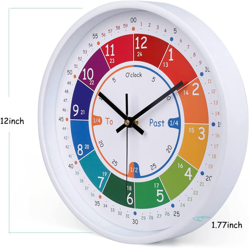 Telling Time Teaching Clock Silent Non Ticking Wall Clock-Learning Clock for School Classroom Playroom Bedroom (12 inch)